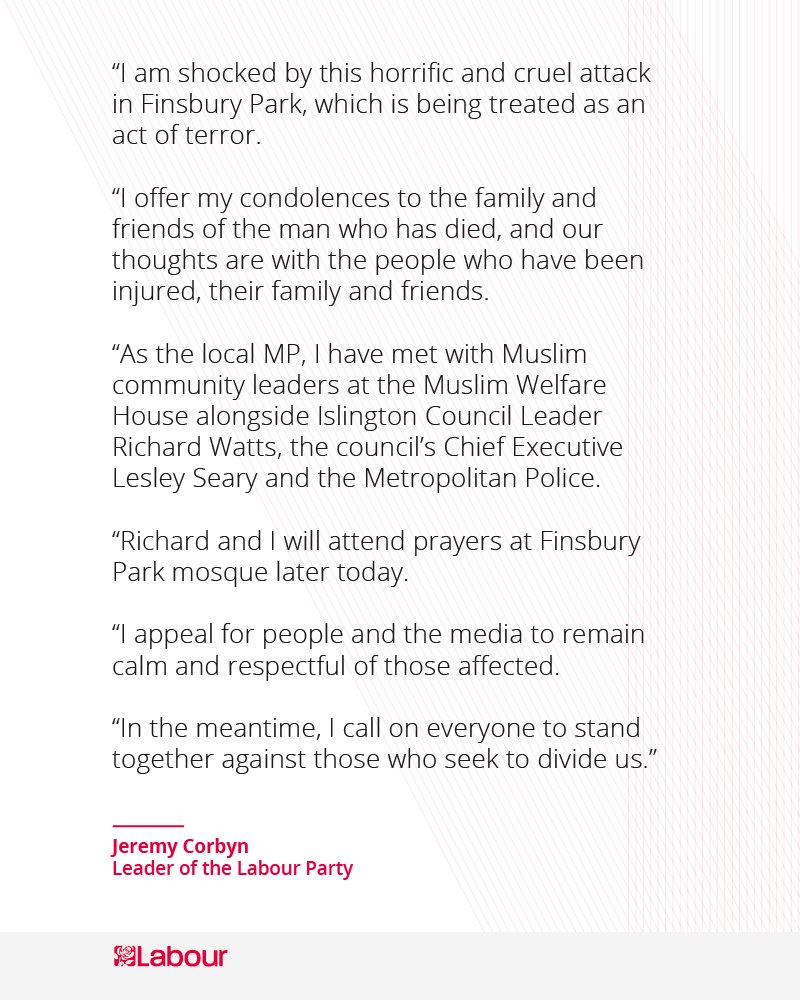 Déclaration de Jeremy Corbyn, dont la circonscription englobe Finsbury Park