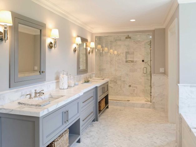 Bathroom Tile With Gray Vanity